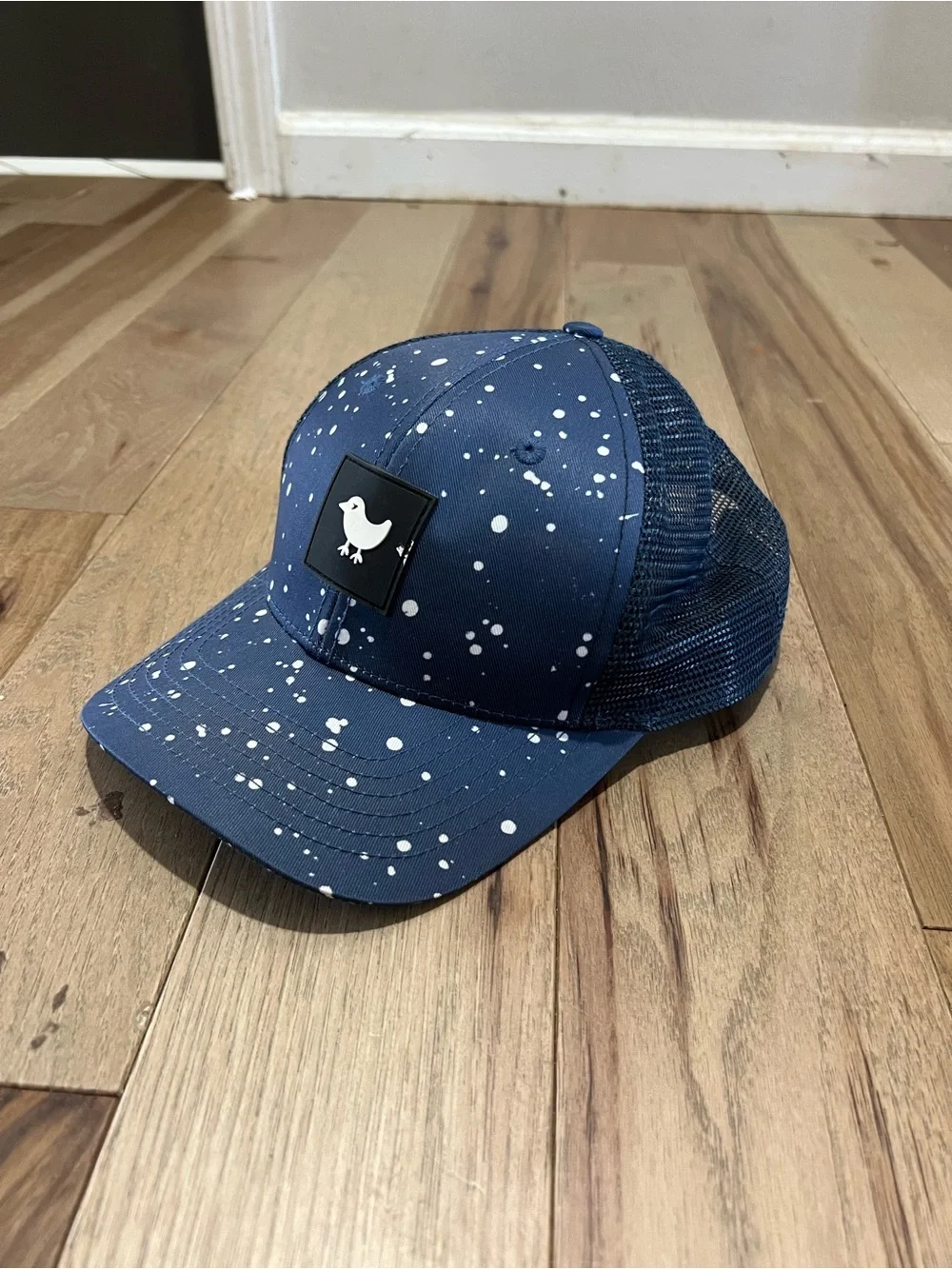 Bad Birdie Golf Hat Blue White Paint Splatter Trucker Snapback Cap Mesh Back
